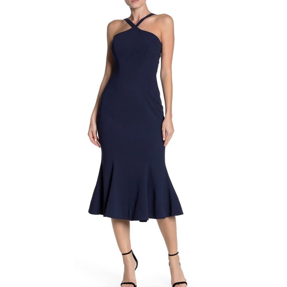 Dress the Population Womens Brandy Crepe Midi Dress in Navy Size Small